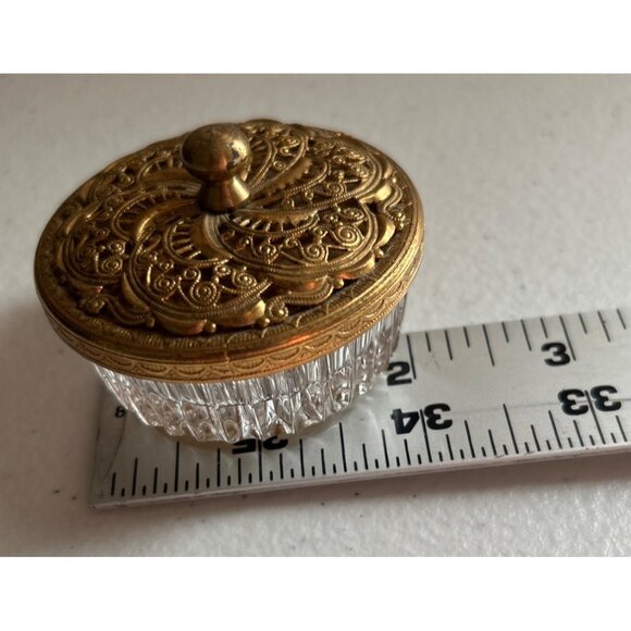 Vintage Mini Glass Trinket Dish With Ornate Gold Metal Lid Starburst - Picture 7 of 7